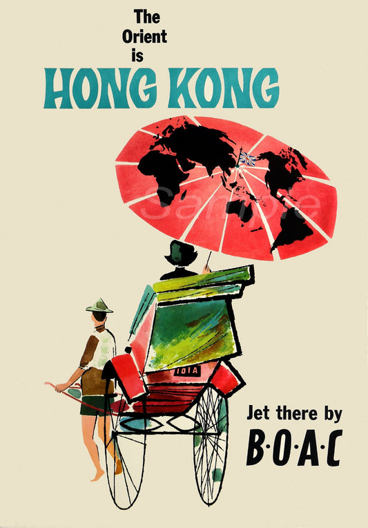 Vintage style travel poster featuring a cartoon illustration of a woman and a man with a cart, with a large red umbrella, against a background map of Hong Kong.