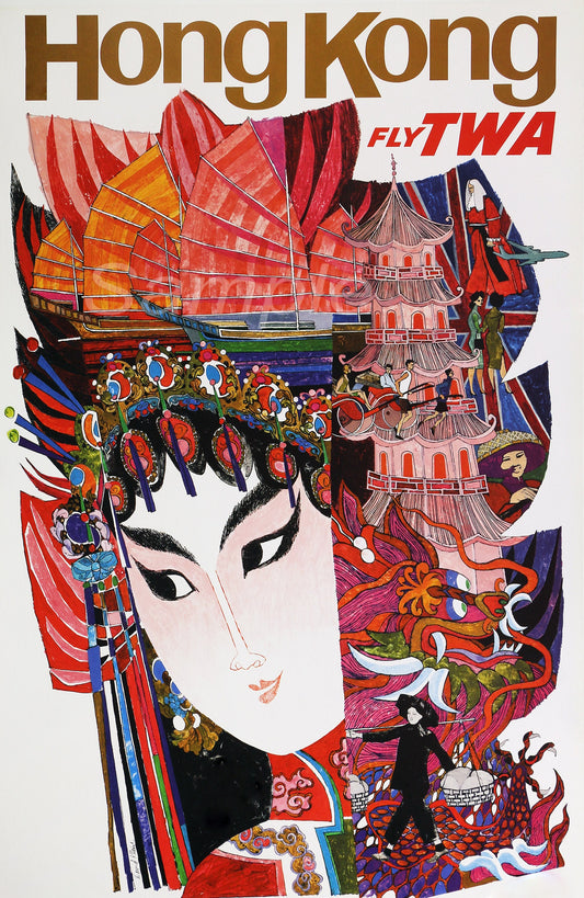 A vintage travel poster print featuring a colorful and detailed illustration of Hong Kong with traditional and modern elements.