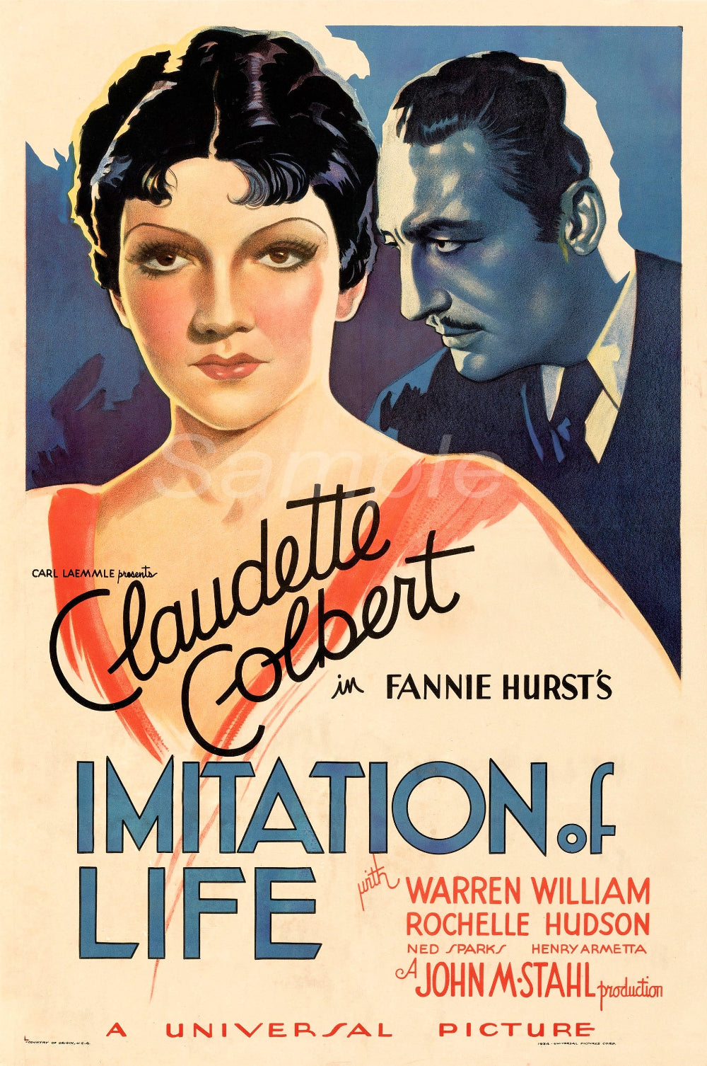 Vintage movie poster for 'Imitation of Life' featuring Claudette Colbert and Fannie Hurst with a blue and red design.