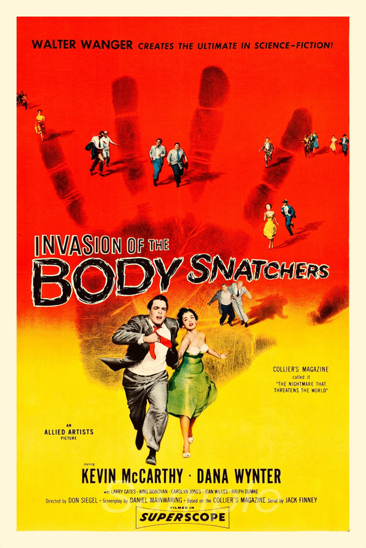 Vintage movie poster for 'Invasion of the Body Snatchers' featuring a large hand with a shadow, with a background of people in suits and a woman in a green dress. Walter Wanger is credited as the director.