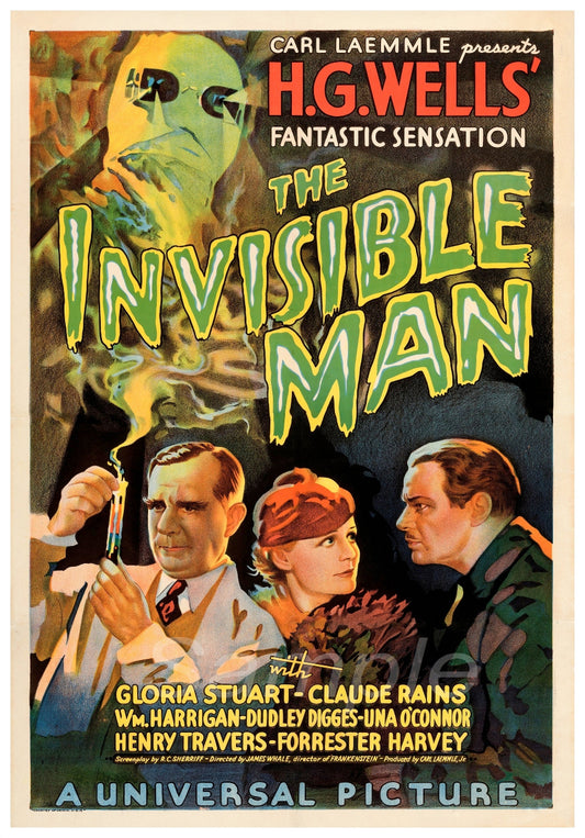 Vintage movie poster print of 'The Invisible Man' with an illustration of a deformed man and two individuals expressing surprise.
