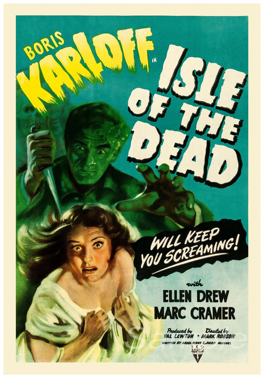 Vintage movie poster print of 'Isle of the Dead' featuring an illustration of a scared woman and a male figure with a green tint, indicating a horror or thriller genre.