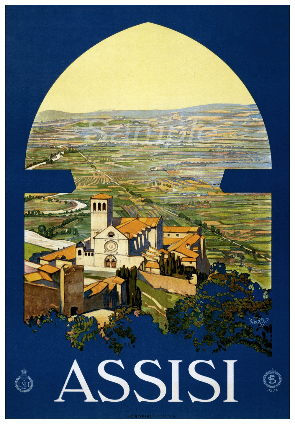 Vintage style travel poster print featuring a scenic view of Assisi, Italy, with a focus on the town's architecture and landscape.