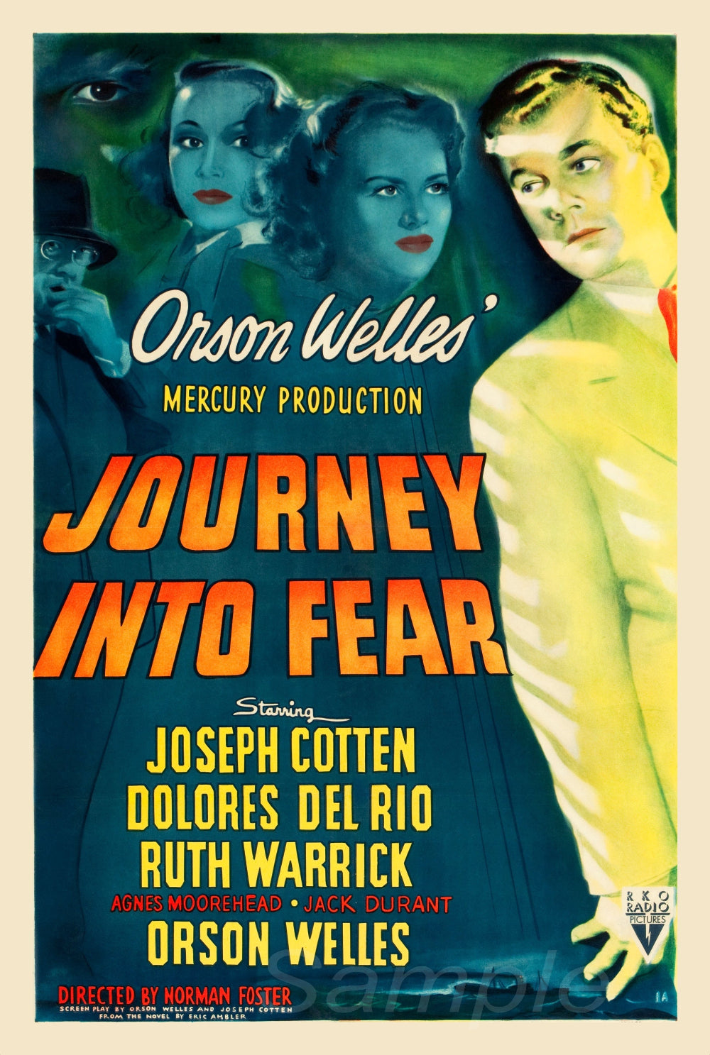 A vintage movie poster print for 'Journey Into Fear' featuring a portrait of a man in a suit with a shadowy background, and text including the film title and cast names.