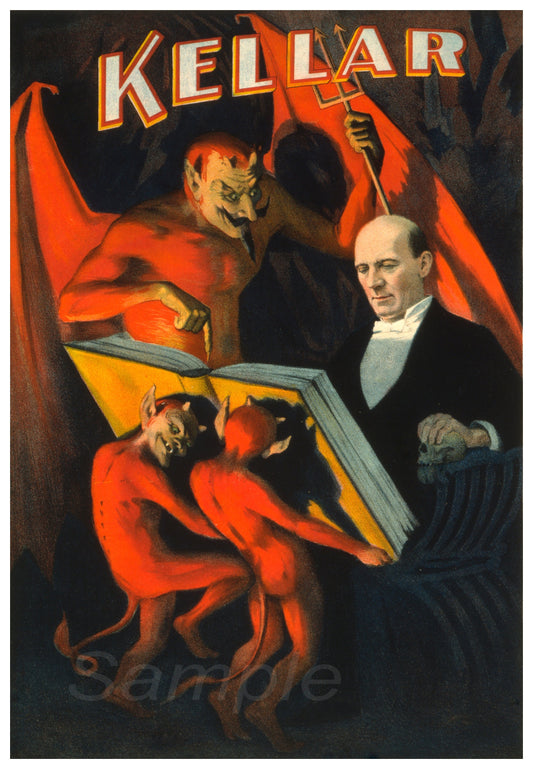 Vintage-style poster featuring a man with demons and the name 'Kellar'.