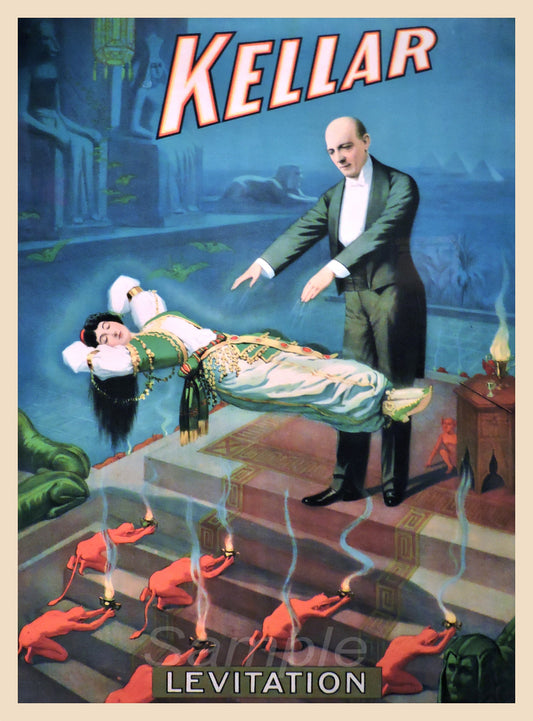 Vintage style advertisement poster print depicting a levitation act with a man appearing to levitate a woman, with the text 'Kellar' and 'LEVITATION' prominently displayed.