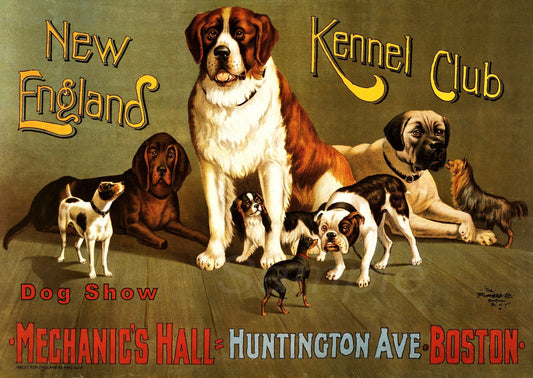 Vintage advertisement for New England Kennel Club Dog Show featuring various dogs.