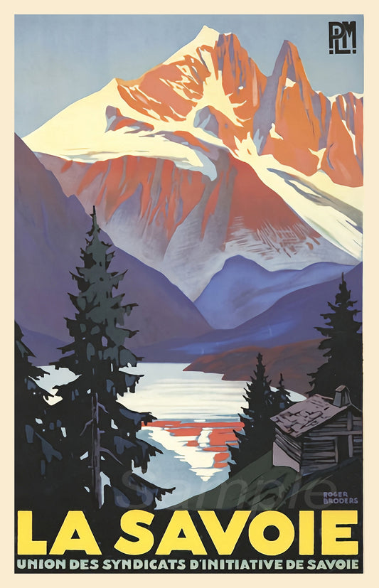 A vintage travel poster depicting a scenic view of the French Alps with a lake and trees in the foreground, and mountains in the background.