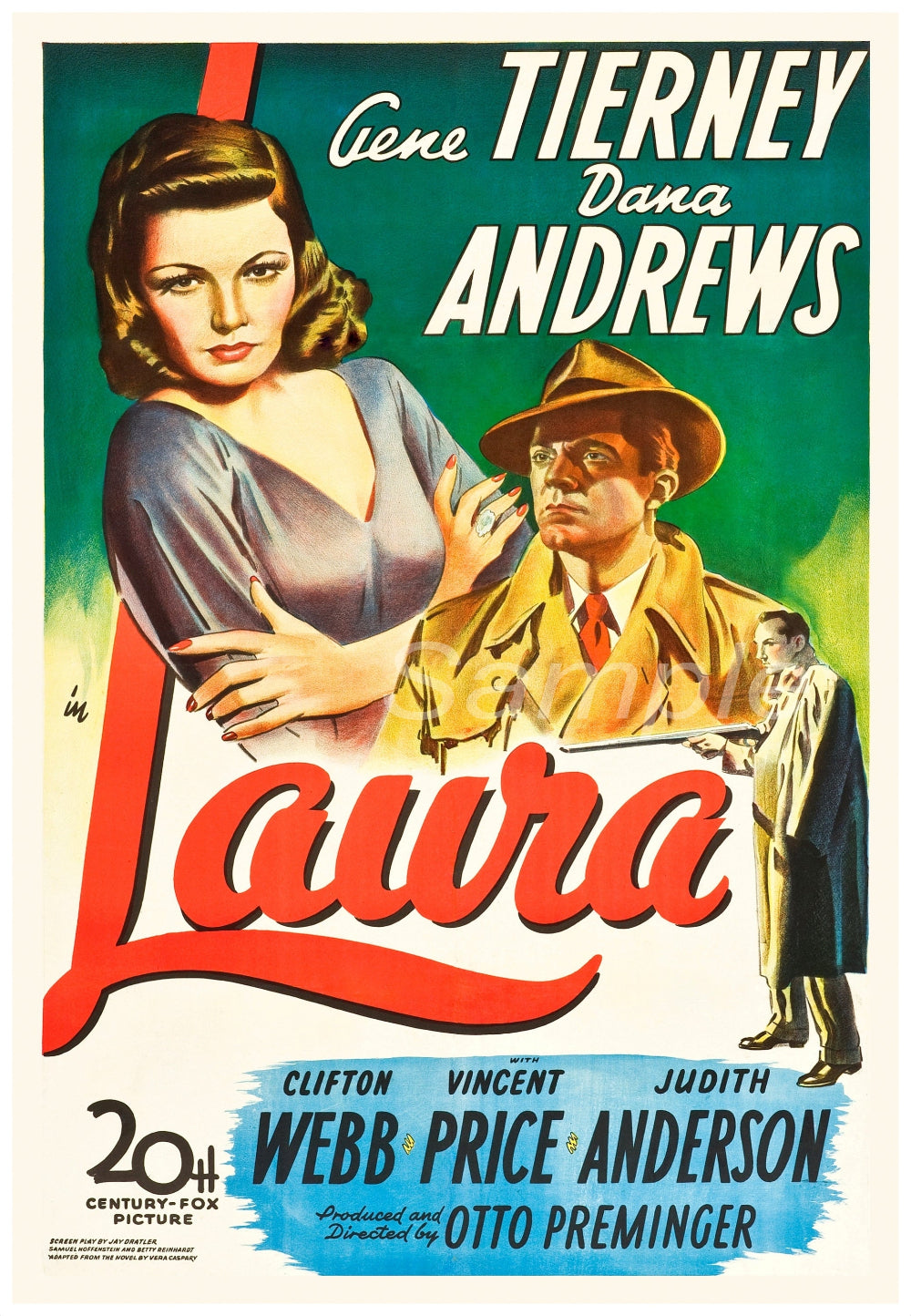 Vintage movie poster print for the film 'Laura' featuring illustrations of the main characters in various scenes.
