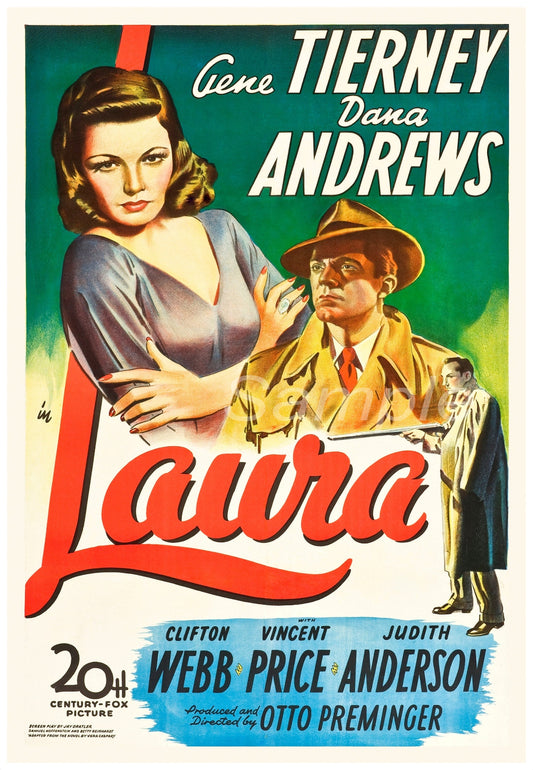 Vintage movie poster print for the film 'Laura' featuring illustrations of the main characters in various scenes.