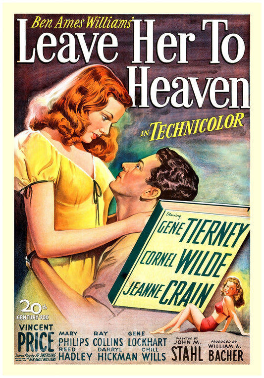 A vintage movie poster for the film 'Leave Her to Heaven' featuring two characters embracing, with title text and additional details printed on the paper.