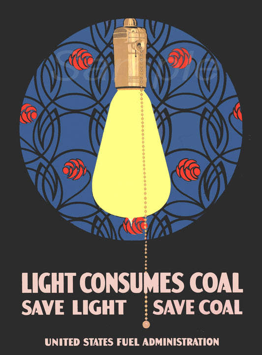 Vintage style poster with a light bulb and the text 'LIGHT CONSUMES COAL SAVE LIGHT SAVE COAL' against a patterned background. The poster has a retro and colorful design with floral and geometric patterns.