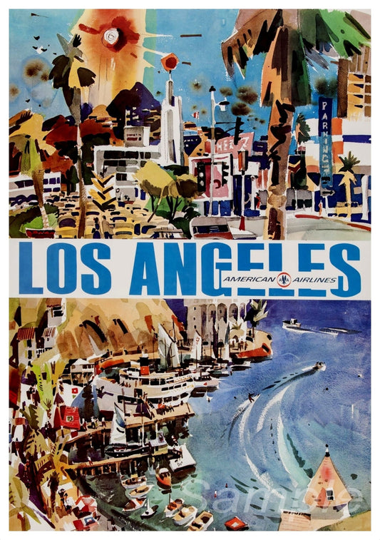 A vintage travel poster featuring a vibrant and colorful depiction of Los Angeles, showcasing various iconic landmarks and a beach scene.