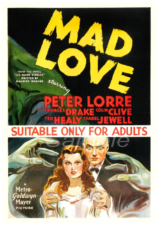 Vintage movie poster print for the film 'Mad Love' featuring a man and woman close-up image with title text overlay.