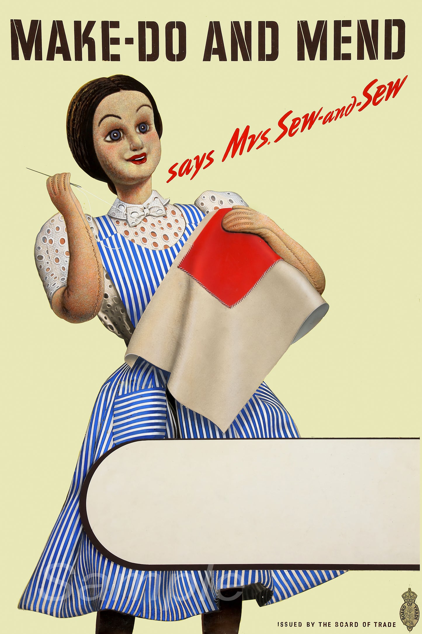 Vintage style poster featuring a cartoon woman with a sewing machine, holding fabric, and a title that says 'Make-Do and Mend'.