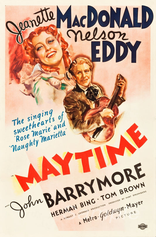 Vintage movie poster print featuring Jeanette Macdonald and the title 'Maytime' with additional text and credits.