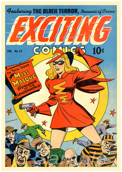 Vintage comic book cover featuring a woman in a red outfit with a superhero emblem, surrounded by smaller illustrations of people and text.