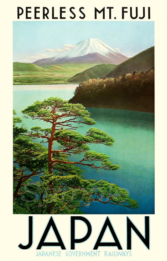 A vintage style railway poster featuring Mount Fuji in Japan, with a green and blue backdrop and a large pine tree in the foreground.