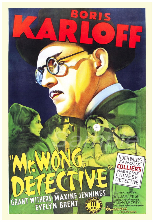 Vintage movie poster print of 'Mr. Wong Detective' featuring an illustration of a man with glasses, predominantly in shades of yellow and green.