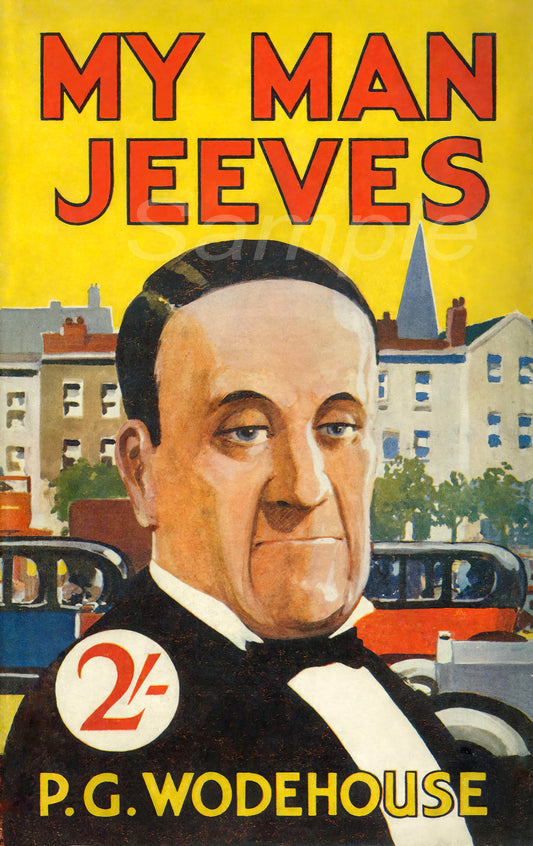 Book cover of 'My Man Jeeves' by P.G. Wodehouse with a man's face and cityscape in the background.