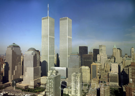 A vintage travel poster featuring the Twin Towers in New York City with a clear blue sky in the background.