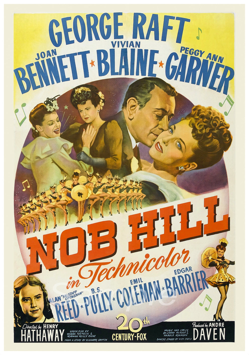 Vintage movie poster print of the film 'Nob Hill' featuring a color illustration of the main characters.