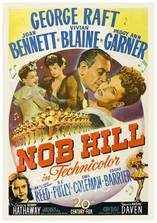 Vintage movie poster print of the film 'Nob Hill' featuring a color illustration of the main characters.