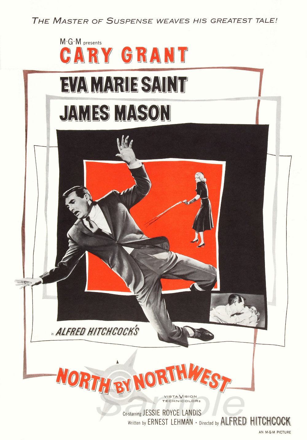 Vintage movie poster for the film 'North by Northwest' featuring an illustration of a man in a suit jumping, with key art elements in red and a white background.