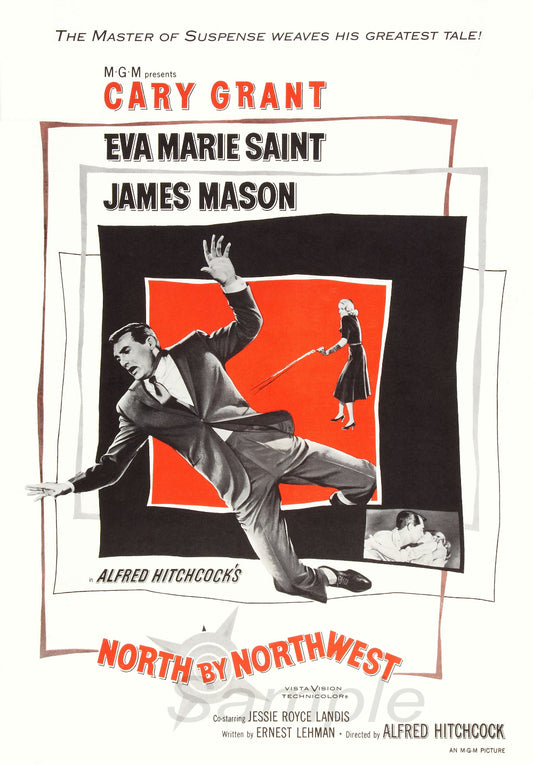 Vintage movie poster for the film 'North by Northwest' featuring an illustration of a man in a suit jumping, with key art elements in red and a white background.