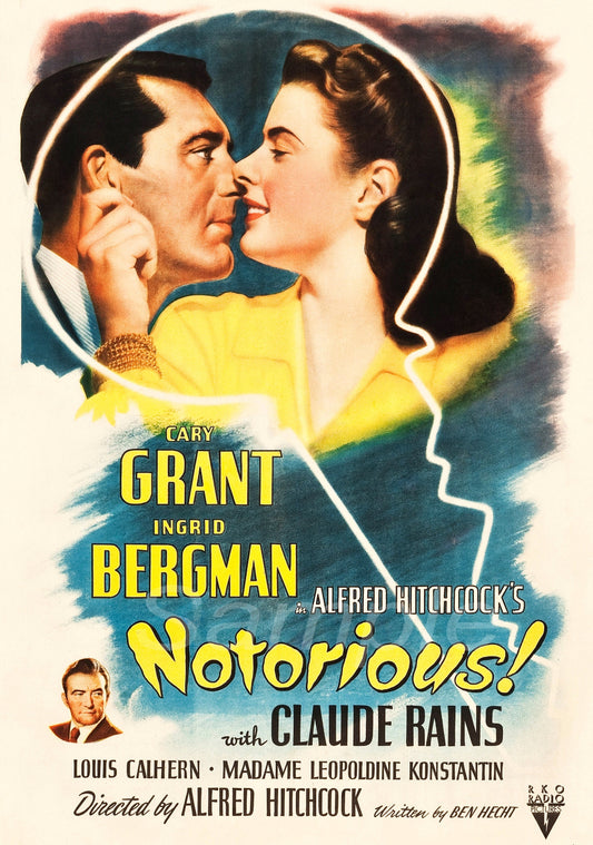 Vintage movie poster print of the 1946 film 'Notorious' with actors Cary Grant and Ingrid Bergman.