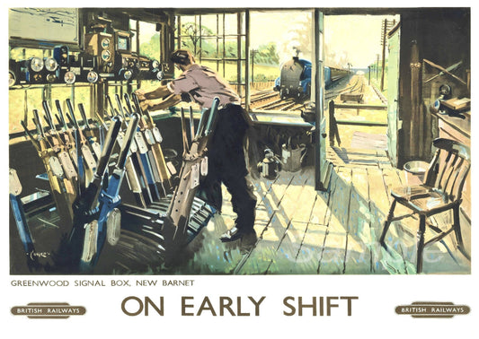 A vintage railway poster print depicting a scene in a signal box with the text 'ON EARLY SHIFT' across the top.
