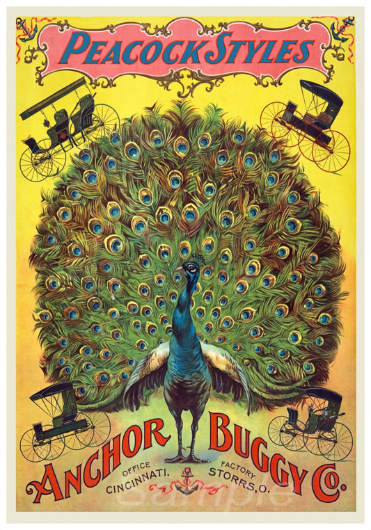 Vintage advertisement for Peacock Styles by Anchor Buggy Co with a peacock illustration.