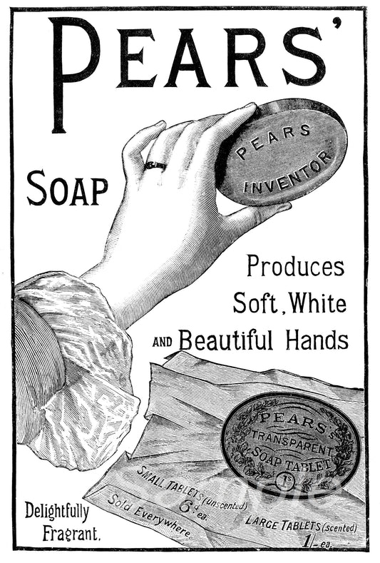 Vintage style advertisement poster for Pears Soap featuring an illustration of a hand holding a soap bar with a byline that reads 'Produces Soft. White and Beautiful Hands'.