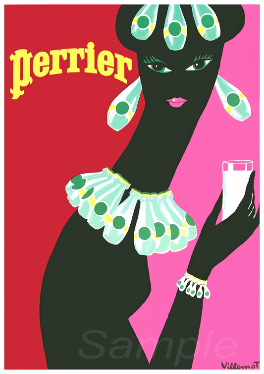 A vintage style poster of a stylized woman with earrings, wearing a hat and holding a glass, with the brand name Perrier prominently displayed.