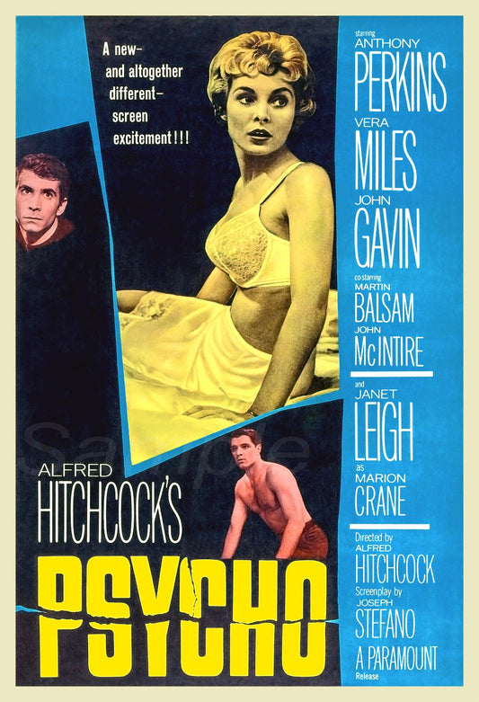 A vintage movie poster print of the film 'Psycho' featuring a collage of character images against a blue background.