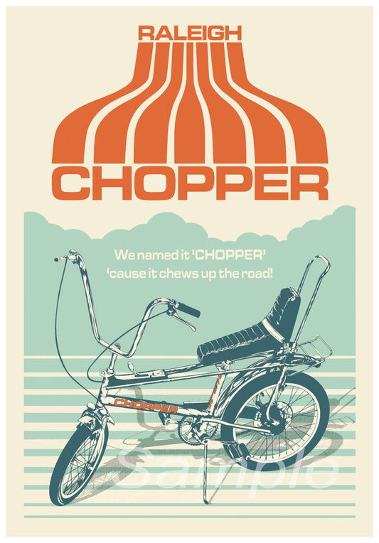 Vintage-style advertisement for a Raleigh Chopper bicycle with stylized text and design.