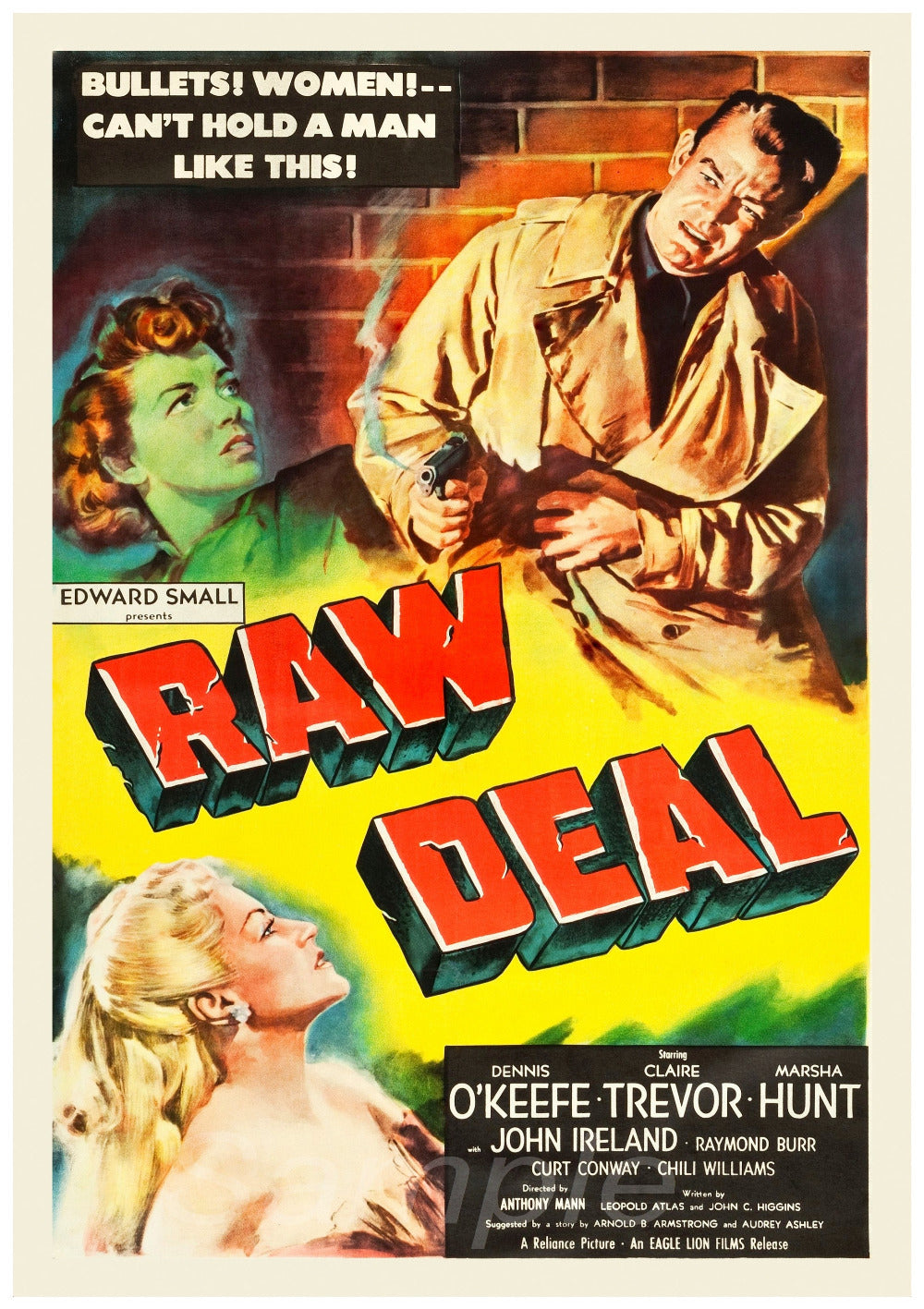 A vintage movie poster print for the 1948 film 'Raw Deal', featuring images of the actors and a title graphic.