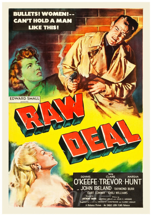 A vintage movie poster print for the 1948 film 'Raw Deal', featuring images of the actors and a title graphic.