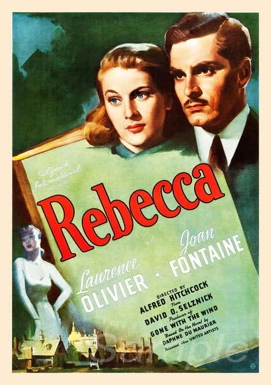 A vintage movie poster print of the 1940 film 'Rebecca', featuring images of the actors and the title.