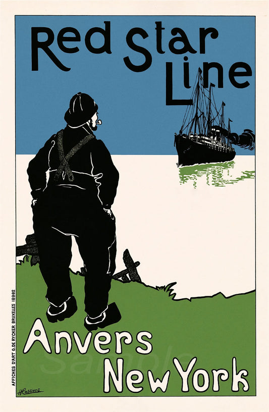 A vintage style poster featuring a character facing away, looking towards a ship on the sea with the text 'Red Star Line Anvers New York' displayed.