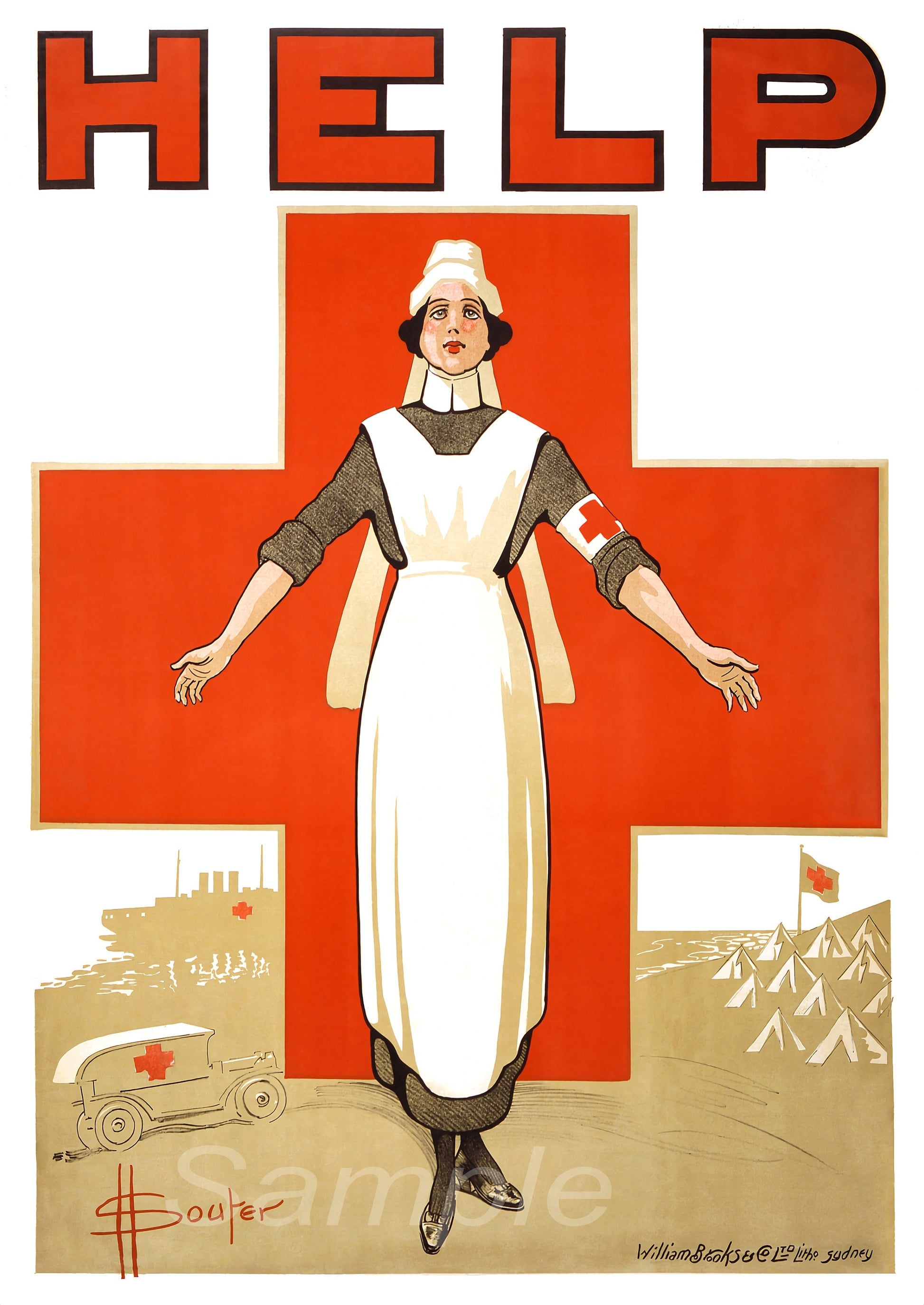 A vintage poster featuring a nurse figure in front of a red cross, with the word 'HELP' in bold letters, depicting a retro war theme.