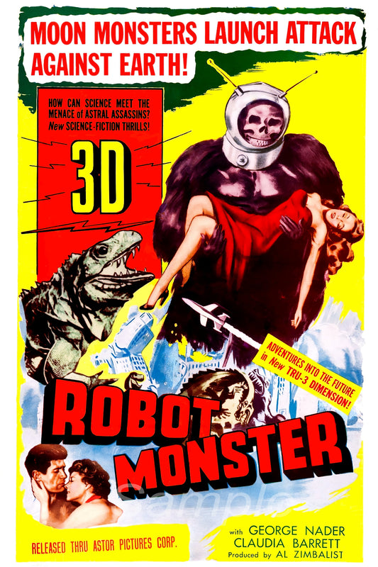 Vintage movie poster print of the film 'Robot Monster' featuring a colorful illustration of a monster and human characters.