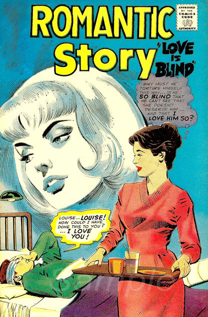 A vintage style poster depicting a romantic story, with a woman in a red dress holding a tray and a man in the background.