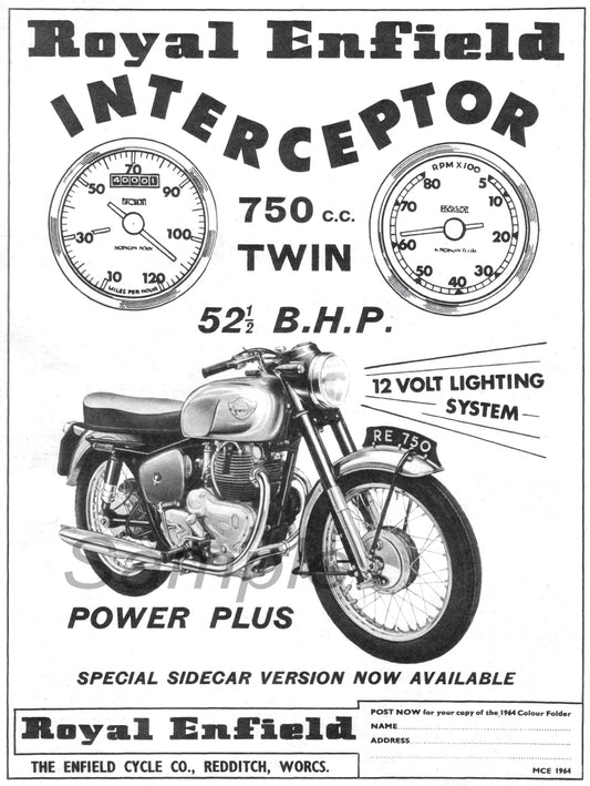A vintage advertisement poster for the Royal Enfield Interceptor motorcycle, displaying the bike and its specifications, such as 750 cc engine and 52 BHP power.