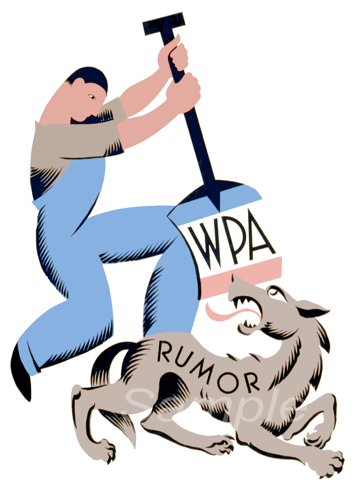 A stylized illustration of a print advertisement featuring a character digging a grave with a dog pulling the soil, alongside text 'WPA' and 'RUMOR'.