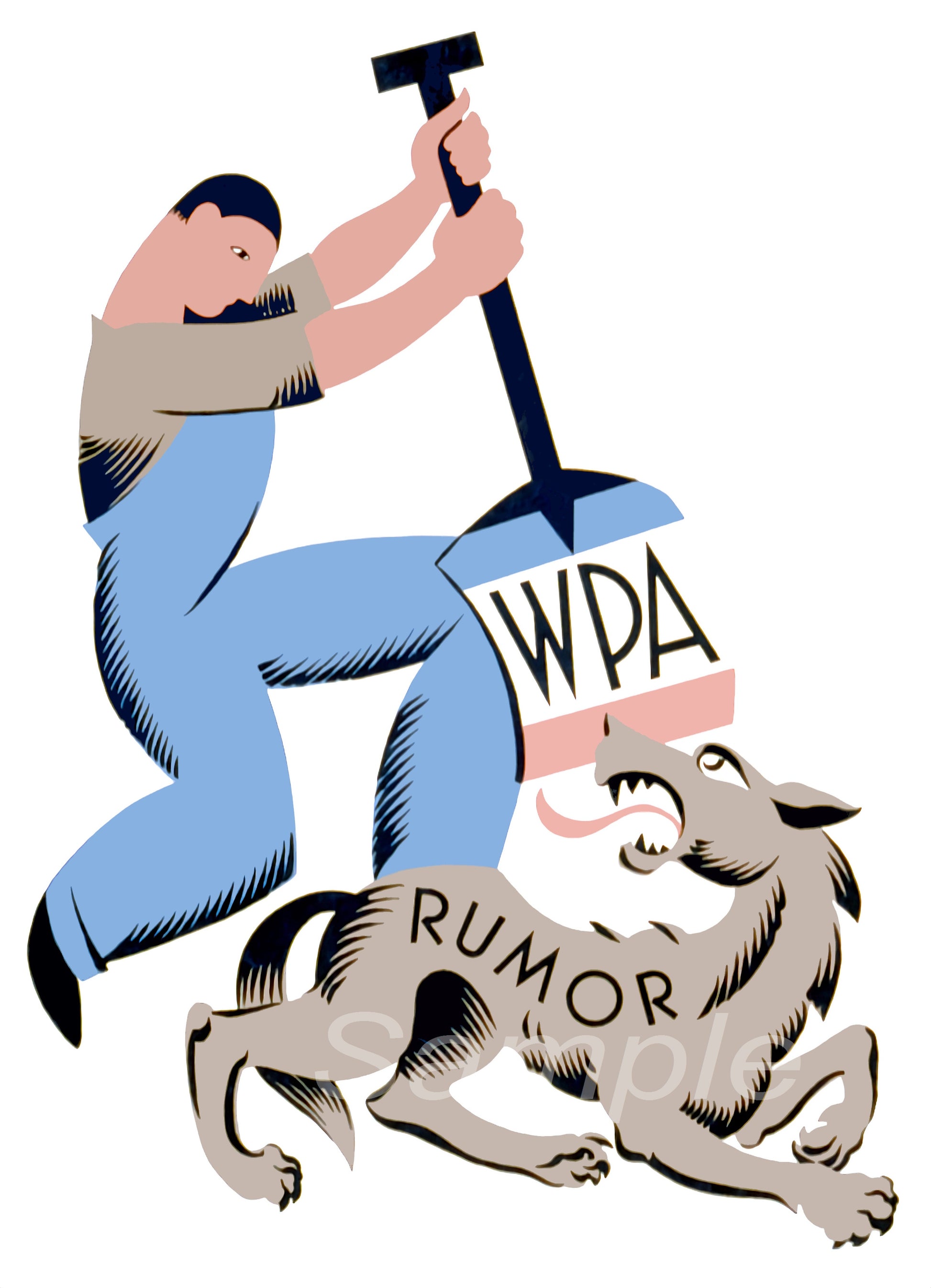 A stylized illustration of a print advertisement featuring a character digging a grave with a dog pulling the soil, alongside text 'WPA' and 'RUMOR'.