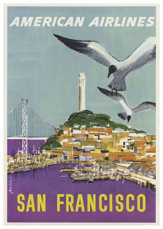 A vintage travel poster featuring American Airlines with a background of San Francisco, including the Golden Gate Bridge and a bird in flight.
