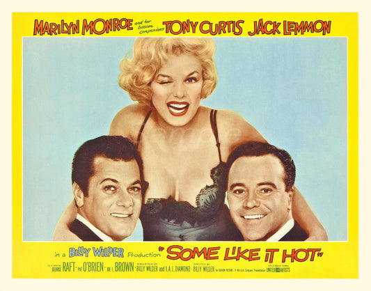 A vintage movie poster print of the 1959 film 'Some Like It Hot' featuring images of the main actors and the title text.