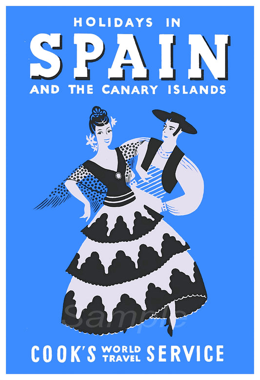 A vintage travel poster featuring illustrated characters in traditional clothing against a blue background, with text promoting holidays in Spain and the Canary Islands.