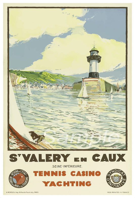 A vintage travel poster depicting a coastal scene with a lighthouse, boats, and the text 'S'Valery en Caux Tennis Casino Yachting'.